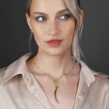 Load image into Gallery viewer, Brass Cast Moon Sliver w/Faceted Crystal Quartz Necklace
