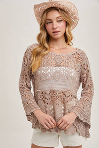 Donna Crochet Sheer Bell-Sleeve Pullover