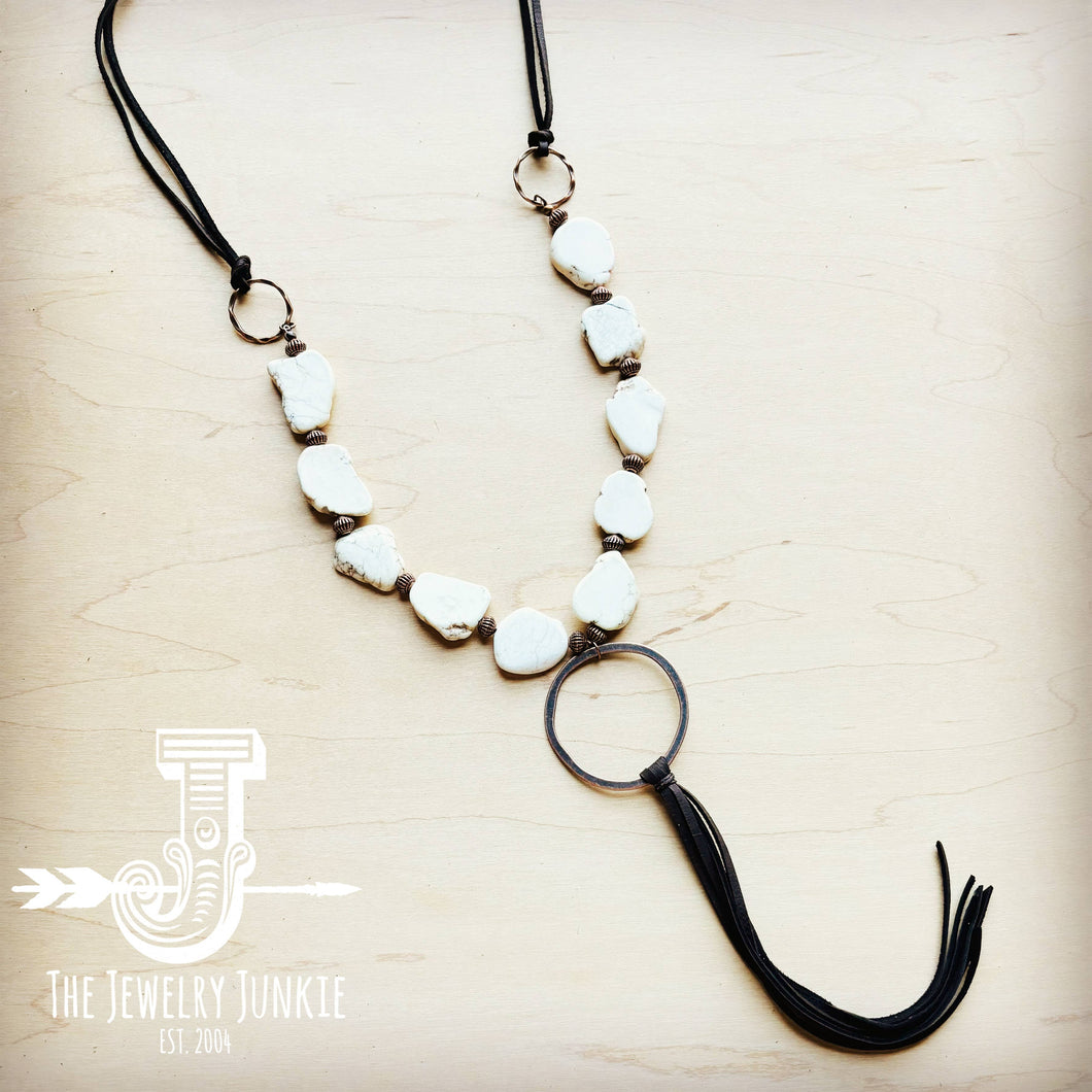 White Turquoise Chunky Necklace w/ Long Leather Tassel 225k