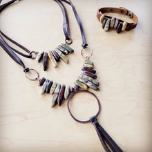 Load image into Gallery viewer, Picasso Jasper Necklace w/ Copper Hoop &amp; Genuine Leather Tassel
