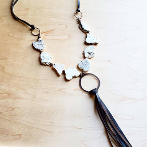 White Turquoise Chunky Necklace w/ Long Leather Tassel 225k