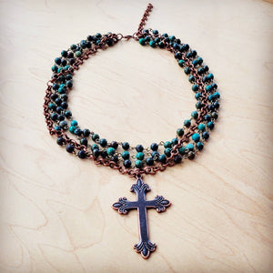 African Turquoise Beaded Collar Necklace Cross Pendant