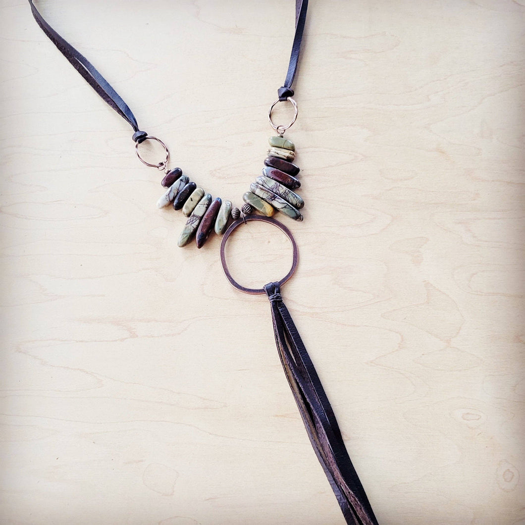 Picasso Jasper Necklace w/ Copper Hoop & Genuine Leather Tassel