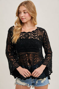 Donna Crochet Sheer Bell-Sleeve Pullover