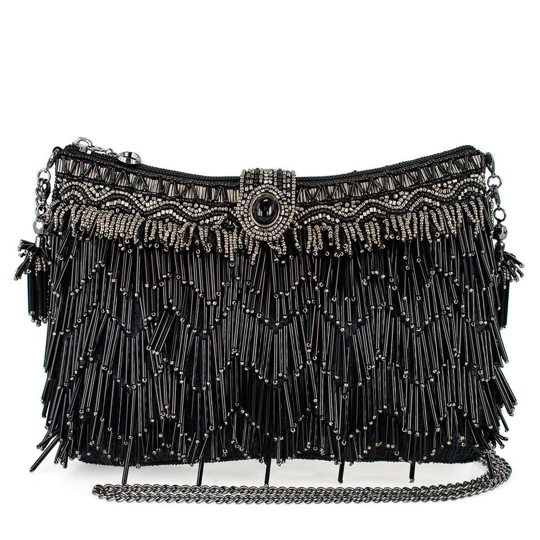 Shimmy, Black Fringe Beaded Crossbody Handbag