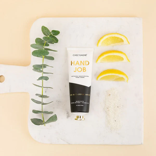 Chez Gagné Hand Job Sea Salt Citrus + Neroli hand crème styled with lemon, eucalyptus and sea salt