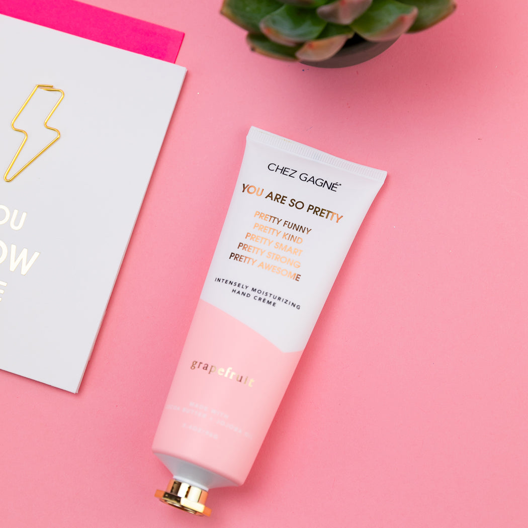 Chez Gagné You Are So Pretty Grapefruit hand crème lifestyle flat lay