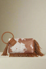 Load image into Gallery viewer, Vegan Suede Cow Print Fringe Wristlet/Clutch With Tassel
