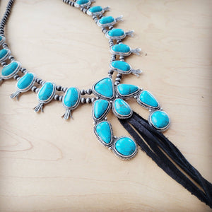 Turquoise Squash Blossom Necklace w/Long Black Tassel
