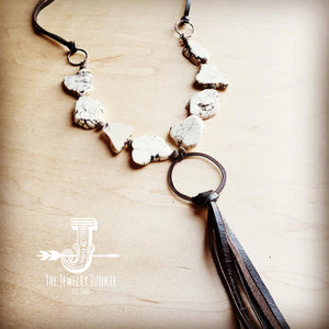 White Turquoise Chunky Necklace w/ Long Leather Tassel 225k