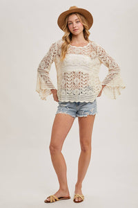 Donna Crochet Sheer Bell-Sleeve Pullover