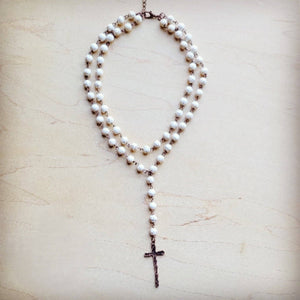 Double Strand Lariat White Turquoise Necklace w/ Cross Pendant