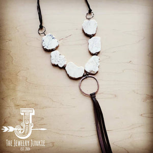 White Turquoise Chunky Necklace w/ Long Leather Tassel 225k