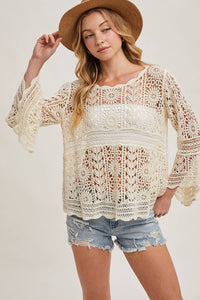 Donna Crochet Sheer Bell-Sleeve Pullover