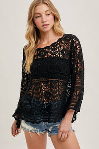 Donna Crochet Sheer Bell-Sleeve Pullover