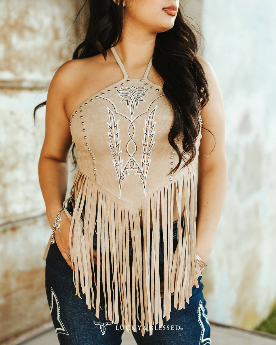 Enid Sand Suede Halter Top W Boot Stitch Embroidery-Studs Detail ...