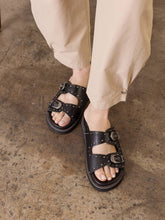 Load image into Gallery viewer, The Effie | Black Double Western Buckle Slides
