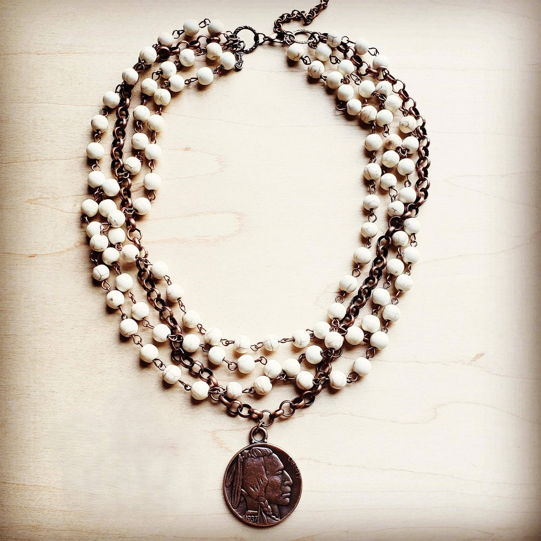 White Turquoise Collar-Length Necklace w/ Indian Buffalo Coin