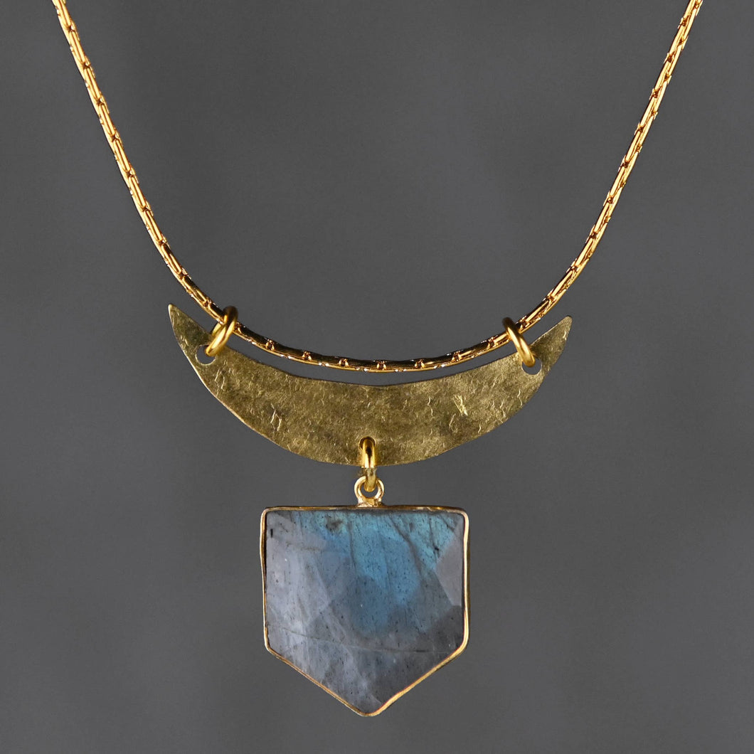Hammered Moon & Labradorite Shield Necklace