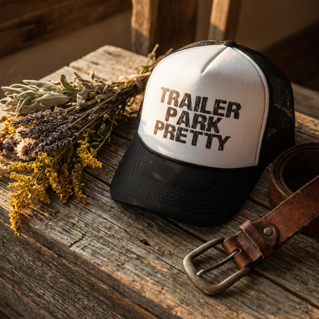 Trailer Park Pretty Trucker Cap - rustic product shot