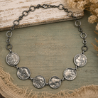 Indian Head & Buffalo Nickel Heritage Necklace featuring authentic vintage Indian Head and Buffalo nickels linked on an 18-inch antiqued silver-tone chain.