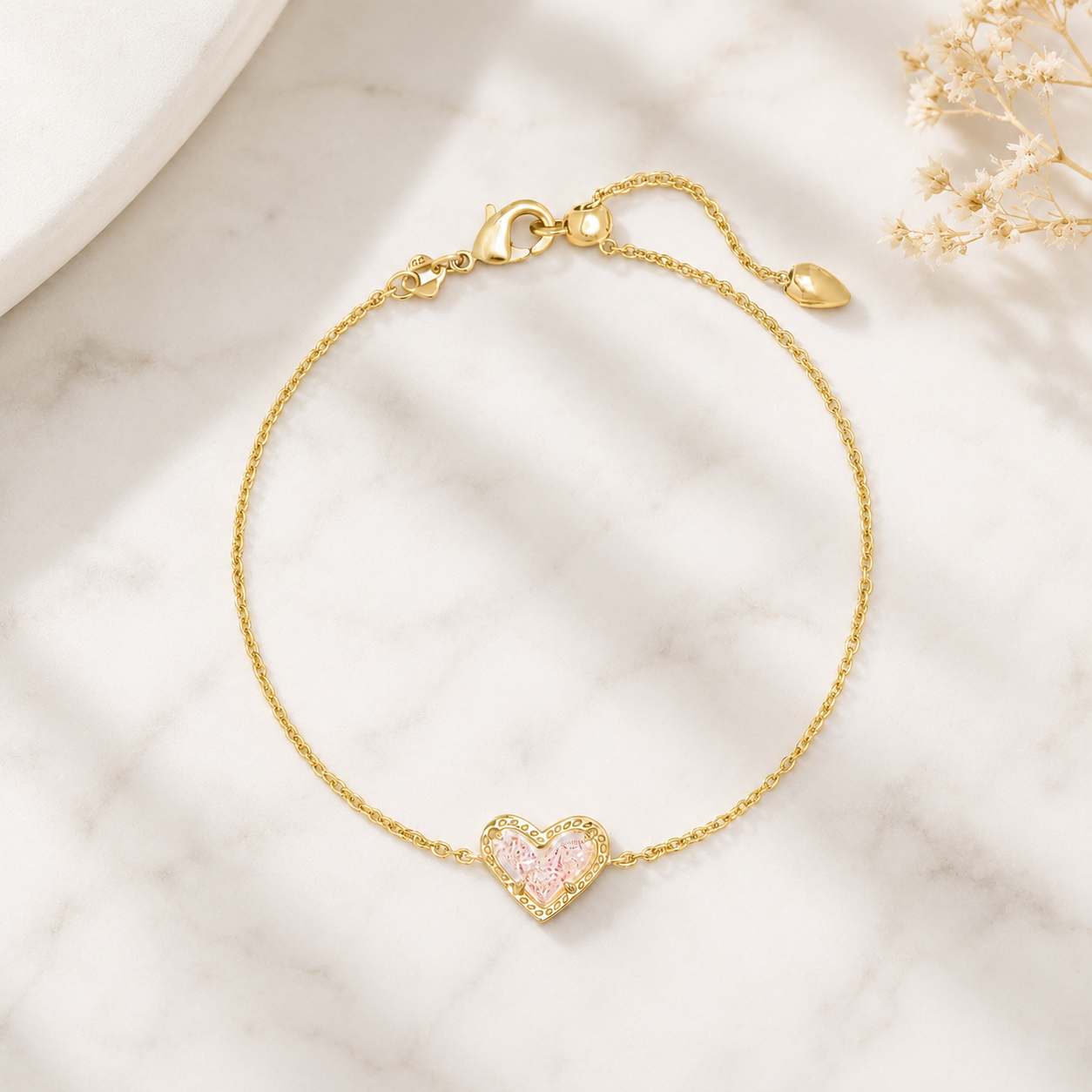 Kendra Scott Ari Heart Gold Delicate Chain Bracelet in Iridescent Drusy with heart-shaped stone