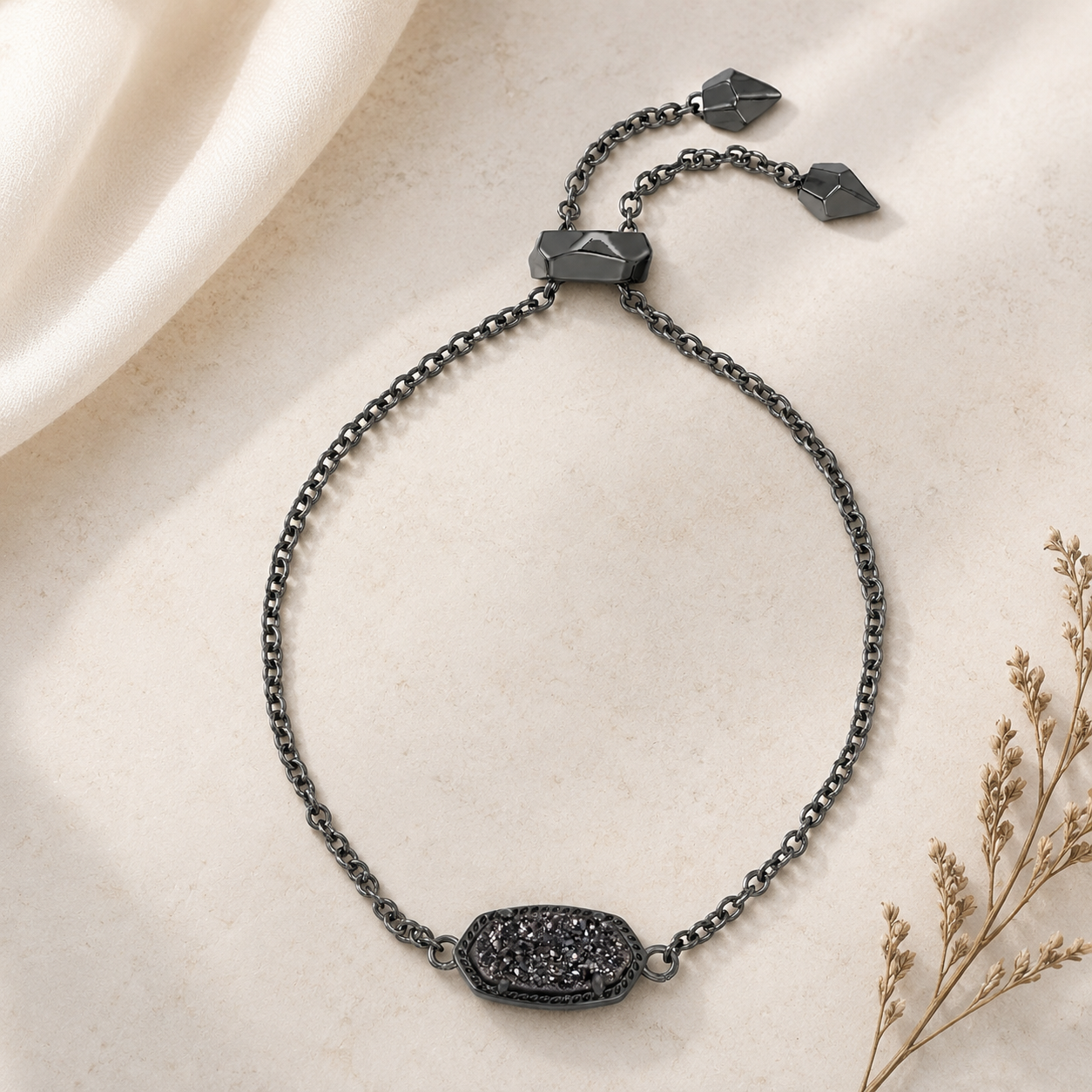 Kendra Scott Elaina Black Drusy Delicate Chain Bracelet in gunmetal with adjustable sliding bead closure