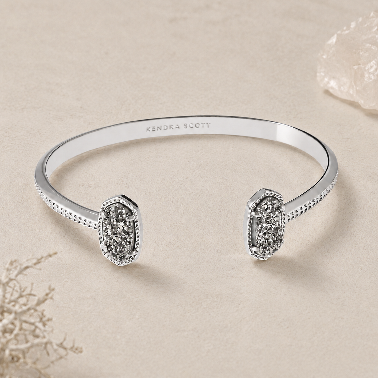 Kendra Scott Elton Cuff Bracelet in Rhodium Platinum Drusy with silver plated cuff and sparkling oval stones
