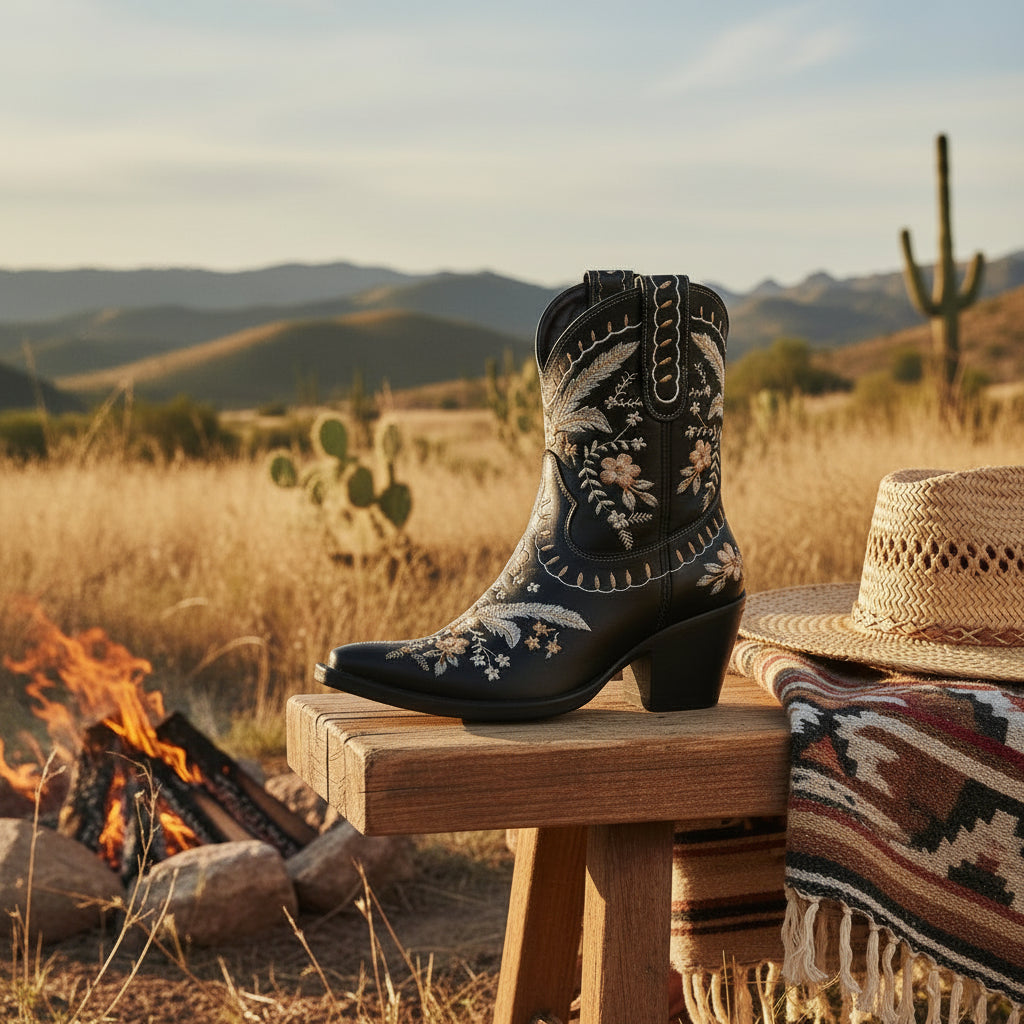 Dingo by Dan Post Primrose Floral Leather Booties in Black