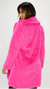 Fluffy faux fur trench coat