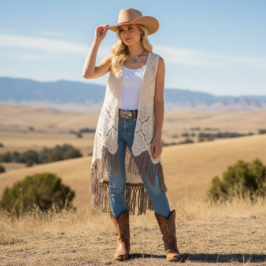 Madame Peacock's cream crochet lace vest with tie front and layered fringe hem. Boho style.