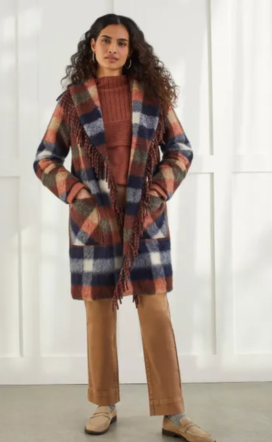 Tribal Fringe Trim Plaid Coat