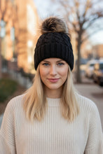 Load image into Gallery viewer, Black Pom Cable Knit Beanie
