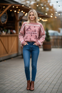 Hannah Oversized Western Graphic Knit Sweater Top in Mauve