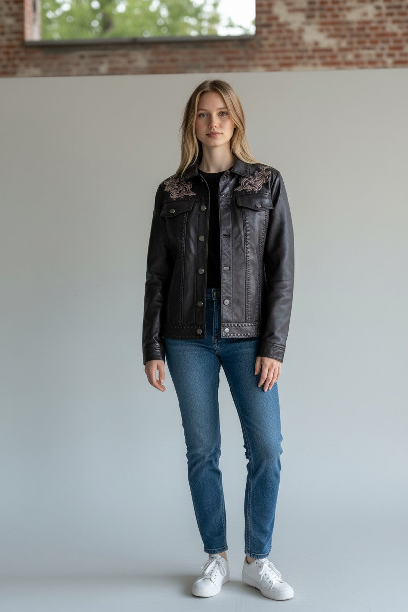 Scully Fox Embroidered Floral Leather Jacket