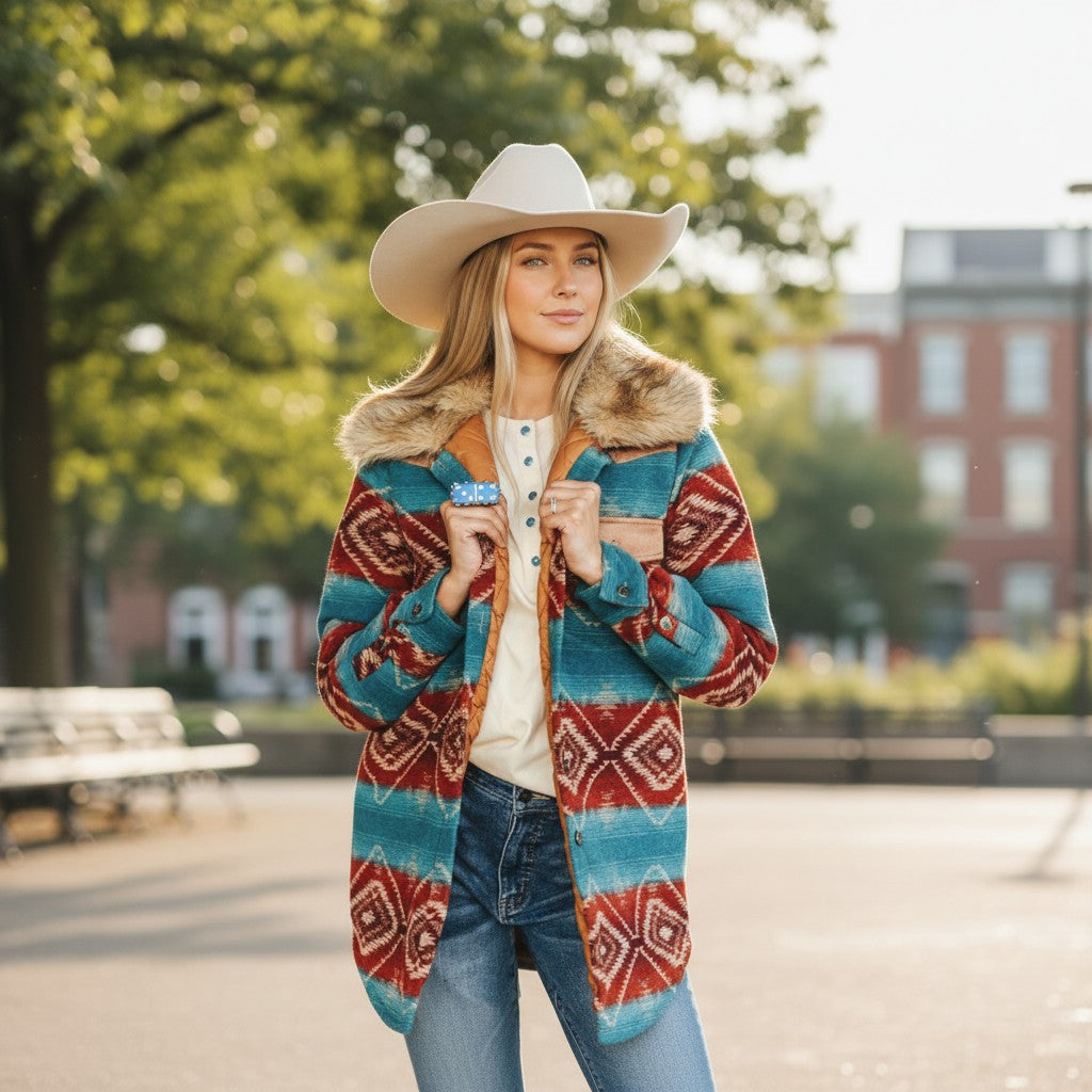 Shantell Maroon Jade Aztec Wool Blend Quilted Lined