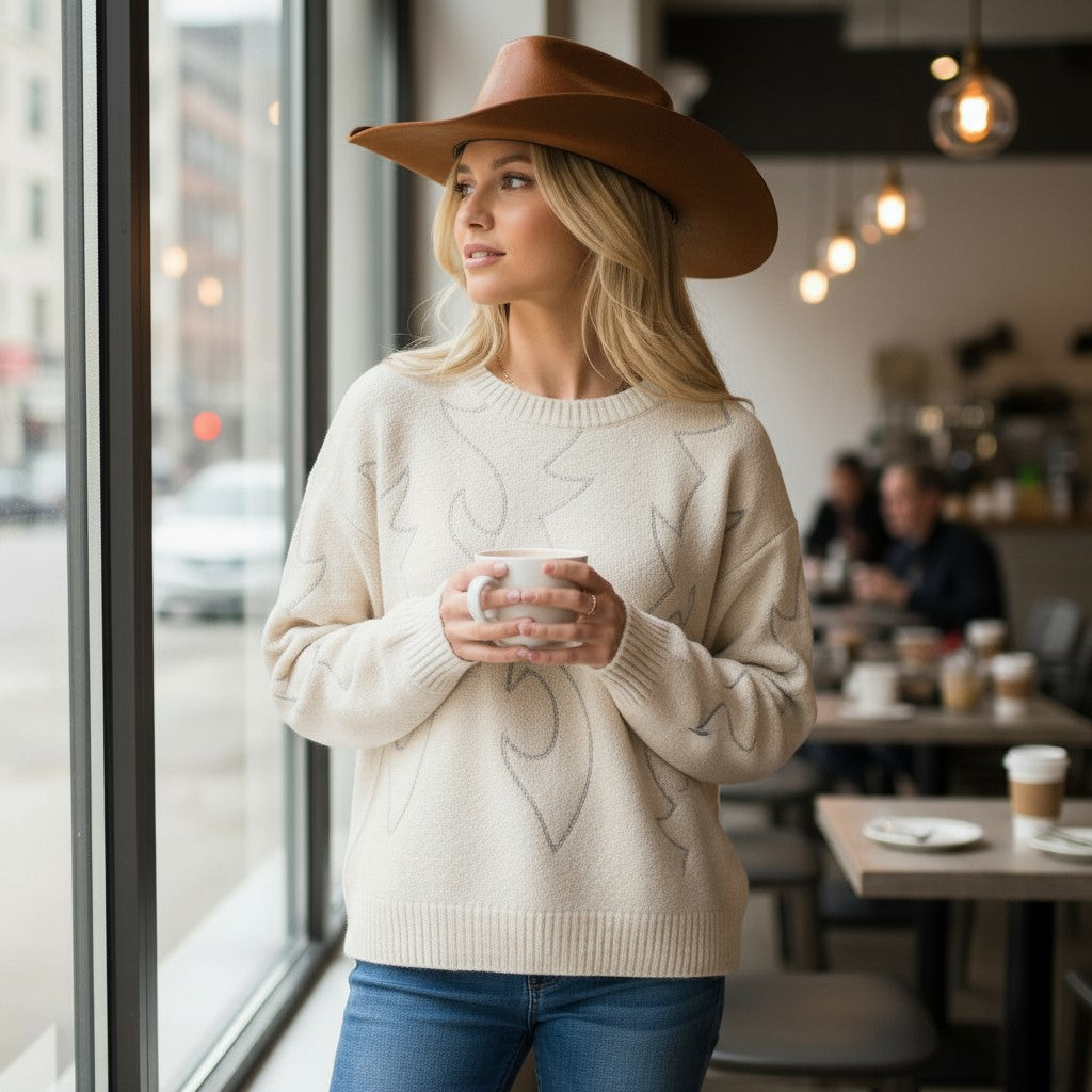 Myla Western Bootstitch Crew Neck Sweater in Cream