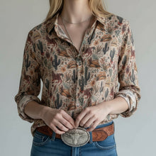 Load image into Gallery viewer, Western Print Chiffon Button Up Blouse
