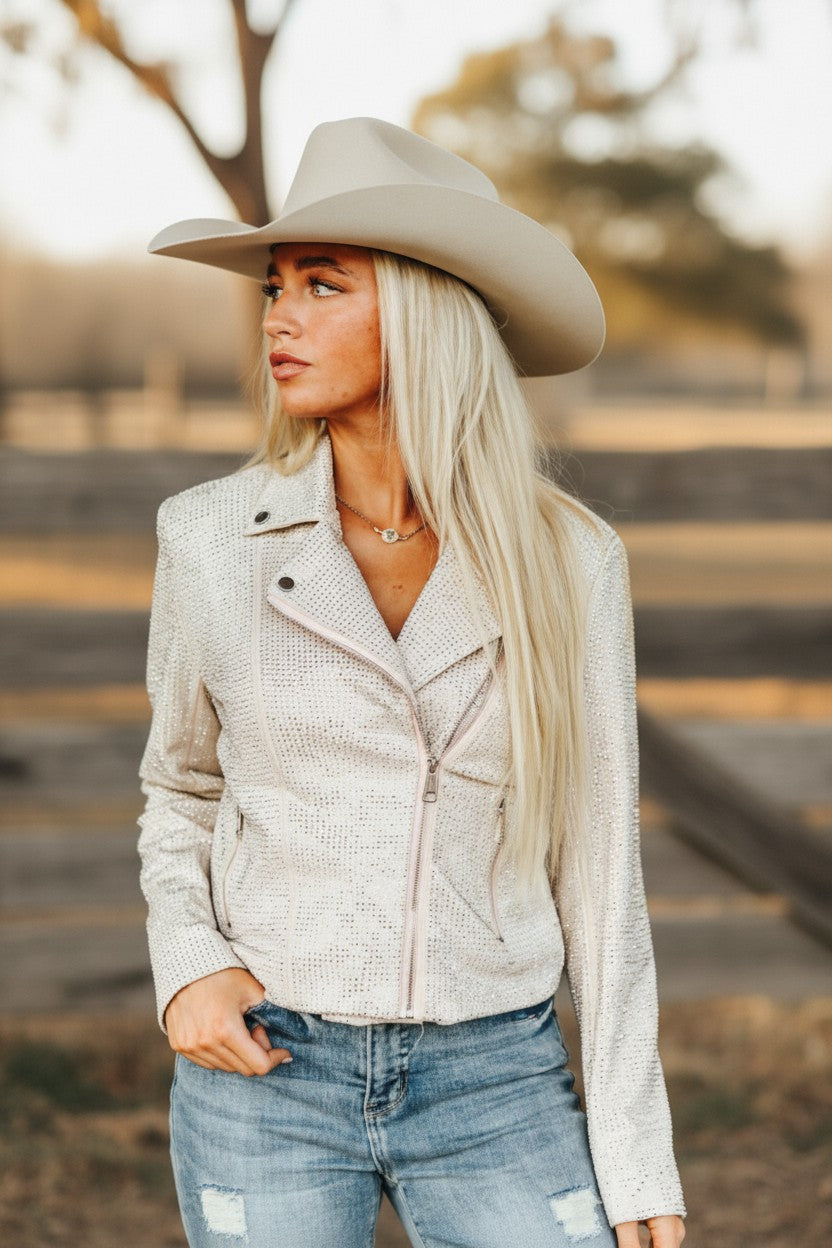 Beige Rhinestone Long Sleeve Zip Up Moto Jacket