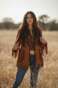 Chelline Faux Suede Fringe Studwork Jacket