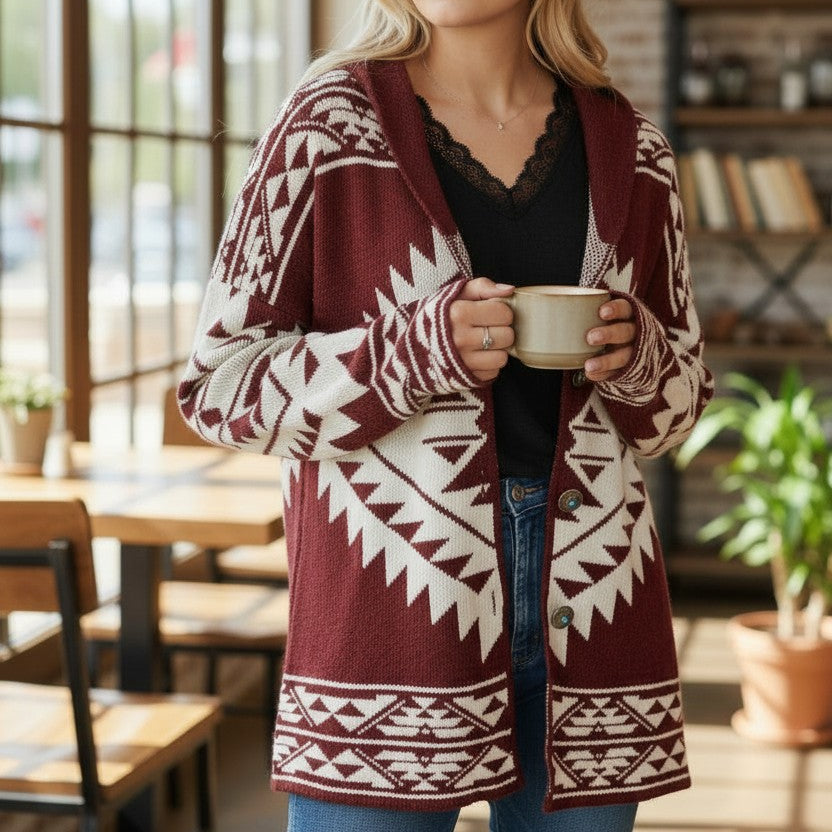 Keilani Aztec Knit Buffalo Button Down Sweater
