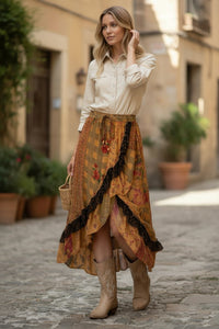 Boho Ruffle wrapped Fit & Flare Midi Skirt