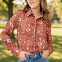 Load image into Gallery viewer, Western Print Chiffon Button Up Blouse

